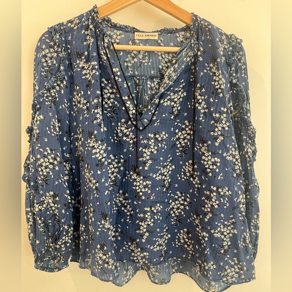 Ulla Johnson Manet Blue, White Silk Floral Ruffle Blouse Size 4 - Picture 3 of 12
